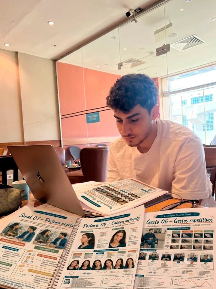 Cliente estudando Linguagem Corporal Visual com notebook e material impresso
