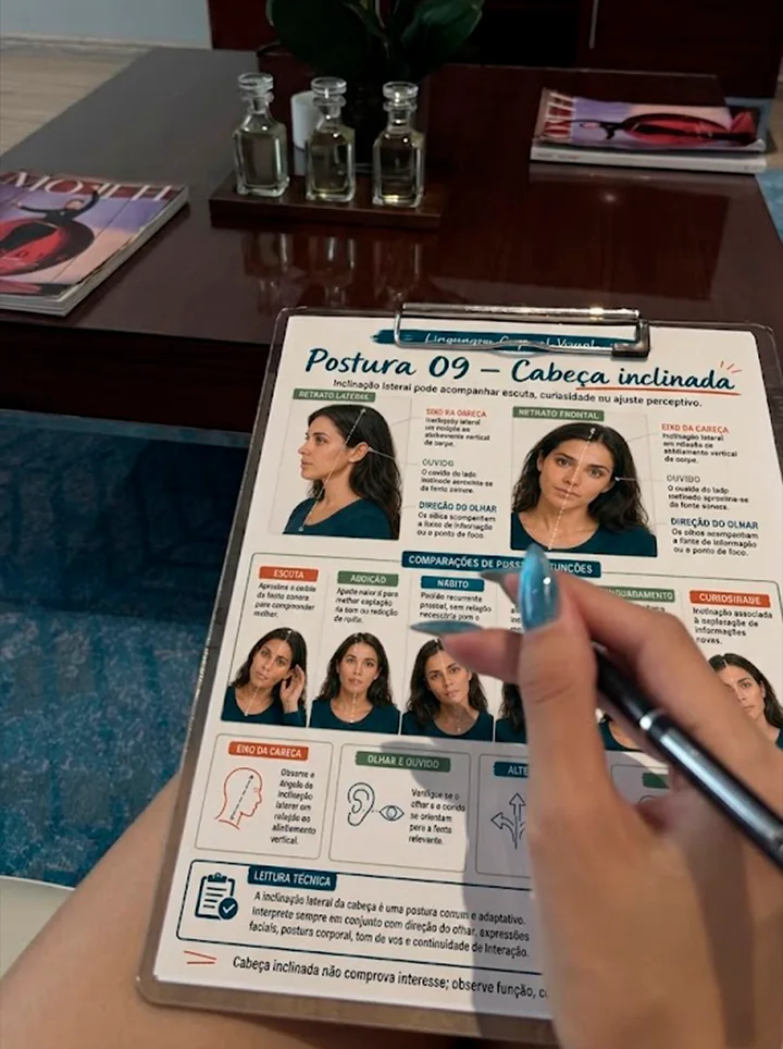 Cliente analisando uma página impressa de Linguagem Corporal Visual