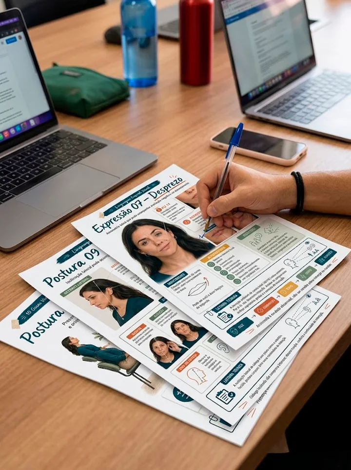 Cliente estudando com páginas impressas de Linguagem Corporal Visual